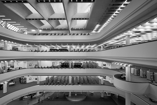 Toronto, Ontario, Canada - October 1, 2023: Interior lobby area of the Toronto Public Library at 789 Yonge Street in black and white