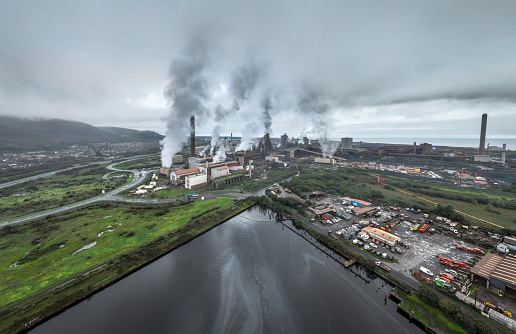 Editorial Port Talbot, UK - October 12, 2023: Drone view of the Tata Steel Plant at Port Talbot in full flow, South Wales UK
