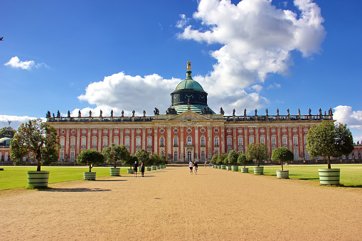 Potstdam, Germany - September 14, 2023: Sanssouci Park, New Palace. General view of the large new palace of the Prussian king Frederick the Great in Potstdam, the new residence of Frederick the Great in the park complex of San Sussi