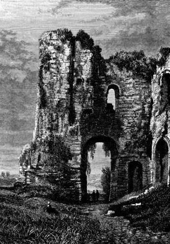 Antique illustration of Tutbury castle ruins