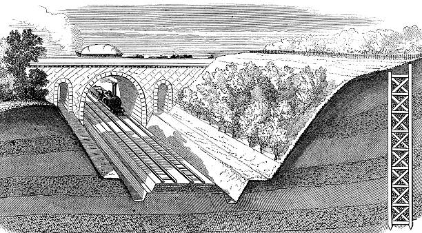 ilustrações de stock, clip art, desenhos animados e ícones de antiguidade ilustração de comboios, as pontes e railroads construção - illustration and painting landscape old fashioned antique