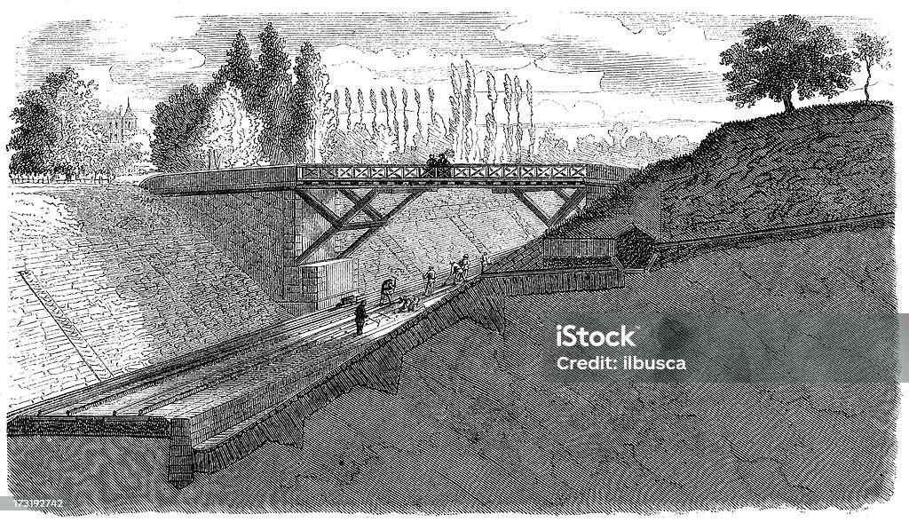 Antica illustrazione di treni, ponti e ferrovie costruzione - Illustrazione stock royalty-free di Antico - Vecchio stile