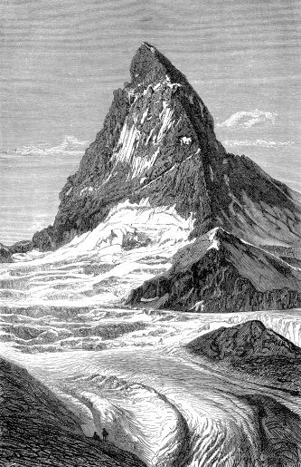 Antique engraved image of Matterhorn or Monte Cervino with glacier