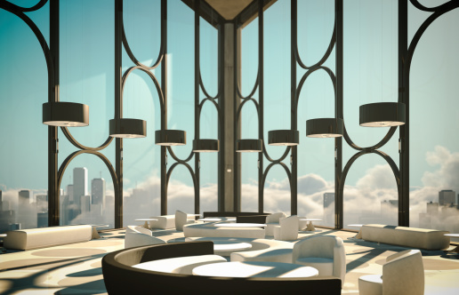 Modern sky lobby with spectacular downtown skyscrapers view and very low cloudscape. Shallow depth of field 3d render.