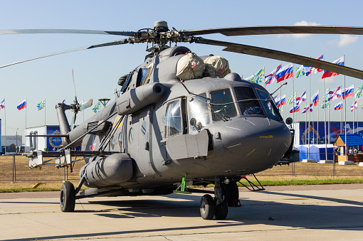 100th anniversary of Russian Air Force.. Most massive Soviet-Russian multi-purpose twin-engine helicopter Mi-8, Mi-17 (NATO - Hip) in a static parking lot Zhukovsky, Russia - August 10, 2012