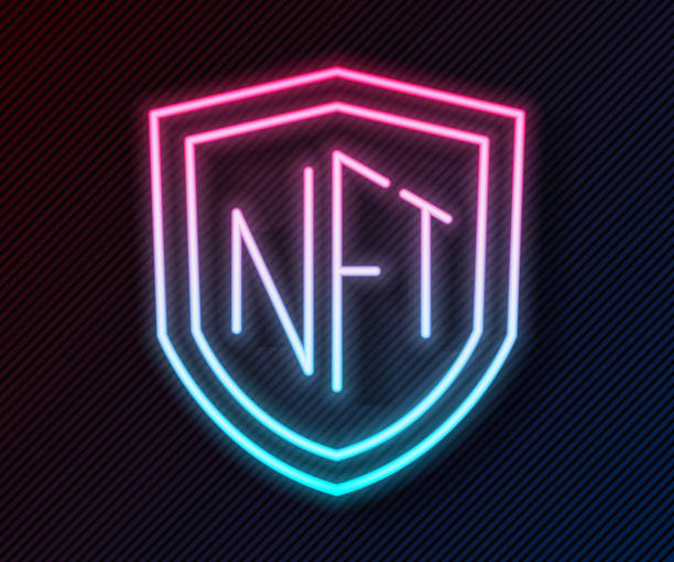istock Glowing neon line NFT shield icon isolated on black background. Non fungible token. Digital crypto art concept. Vector 1731935585