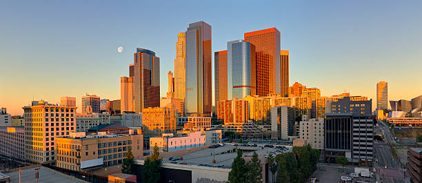 Panoramic view of downtown Los Angeles at sunrise stock photo