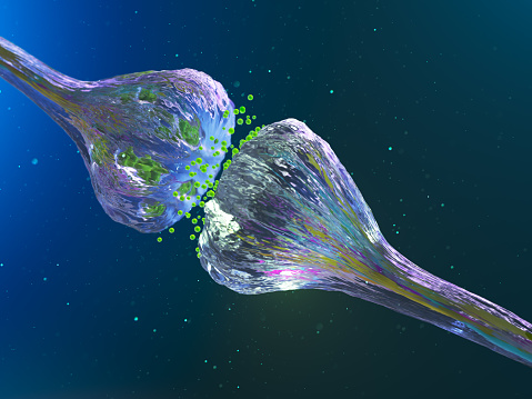 3D Rendered Illustration, visualization of Neurons firing neurotransmitters in the synaptic gap.