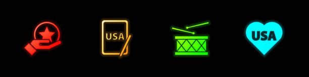 istock Set USA Independence day, on graphic tablet, Drum and drum sticks and icon. Vector 1731953812