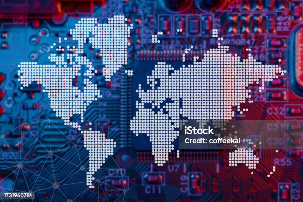 Computer Chip Overlay Digital Circuit Board Overlay With World Map For Global Microprocessor ...