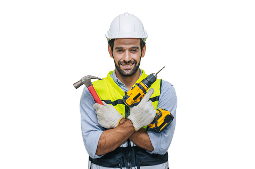 happy male worker house handy man fix repair service with builder tools equipments isolated on white background with clipping path.