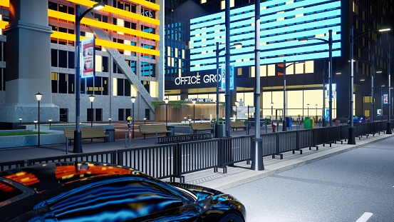 Nighttime downtown city roads with cars in motion driving past enterprise office buildings. Urban environment with esplanades illuminated by lamp posts, 3d render animation