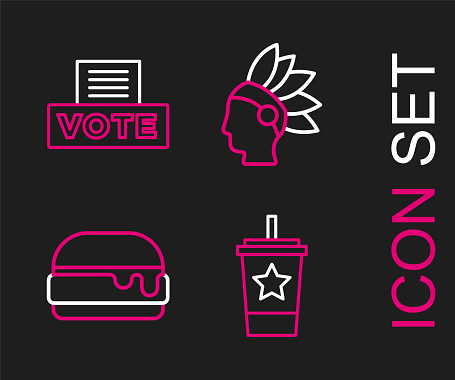 Set line Paper glass with straw Burger Native American Indian and Vote box icon. Vector.