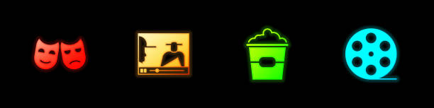 istock Set Comedy and tragedy masks, Online play video, Popcorn box and Film reel icon. Vector 1731979631