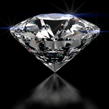 A beautiful sparkling diamond on a dark reflective surface. High quality 3d render with HDRI lighting and ray traced textures.