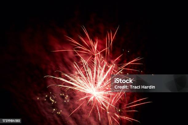 Red Fireworks Exploding Red Fireworks Exploding At Night In Celebration Stock Photo - Download ...