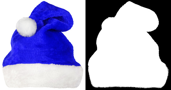 Santa Claus hat or Christmas blue cap isolated on white background with clipping mask (alpha channel) for quick isolation.