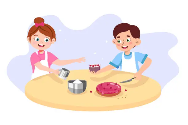 Vector illustration of Vector illustration of cute children preparing a delicious cake. Cartoon scene of a girl and a boy preparing a sweet, cherry cake with sponge cake, icing and decorated with cherries
