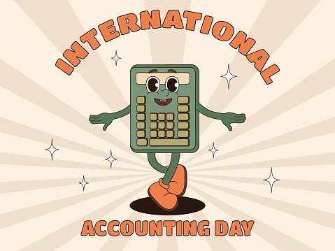 Poster for international accounting day. Postcard with a calculator character in retro style.
