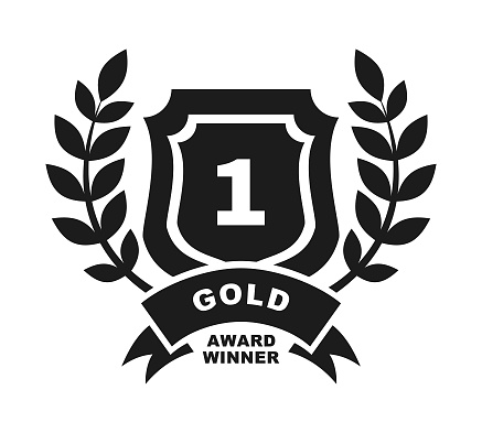 Stylized award winner badge with number 1 on shield, laurel branches and ribbon with GOLD lettering - cut out vector icon, black on white background.