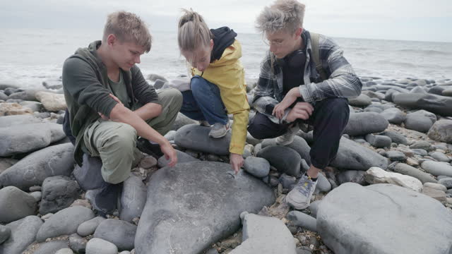 Teenagers examining ammonites in a stone on Lyme Regis Fossil Beach in Dorset, United Kingdom