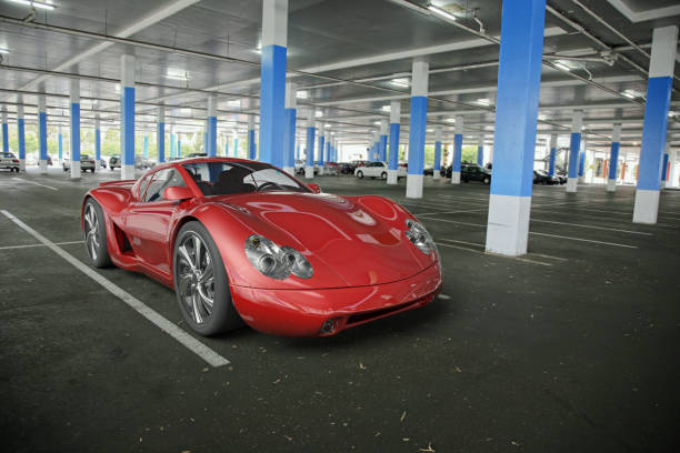 istock Red sports car parked in a underground carpark 173200516