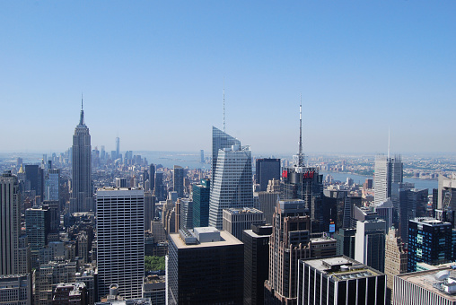 Beautiful view of the skyline of Manhattan from the Top of the Rock Observation Deck at the Rockefeller Center in New York City, New York, USA.