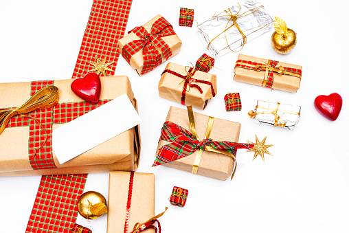 High angle view of Christmas gift boxes on white background