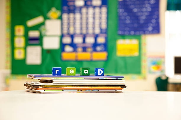 istock Kindergarten classroom stack of books blocks say READ 173205179