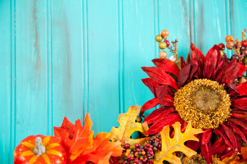 Blue background with an arrangement of autumn, fall flowers at bottom and right corner. Sunflower and leaves. 