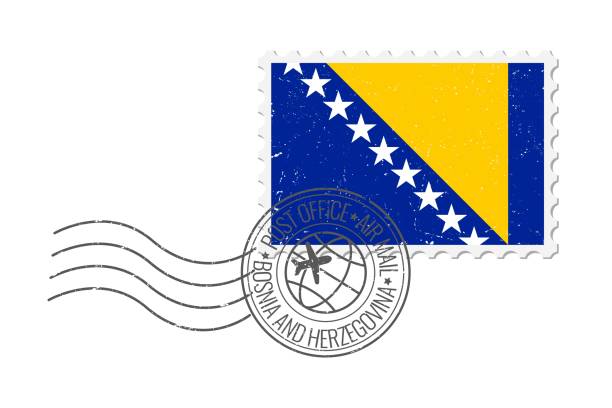 보스니아 헤르체고비나 그런지 우표. 보스니아 헤르체고비나 국기가 있는 빈티지 엽서 벡터 그림은 흰색 배경에 분리되어 있다. 복고풍 스타일. - bosnia herzegovinan flag stock illustrations