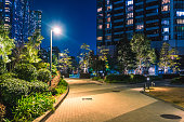 Apartment buildings in a Public area in Tokyo at night