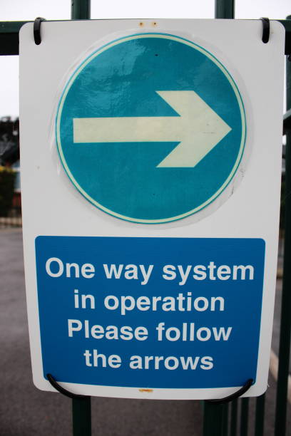 istock Road Sign indicating one way system in place 1732071847