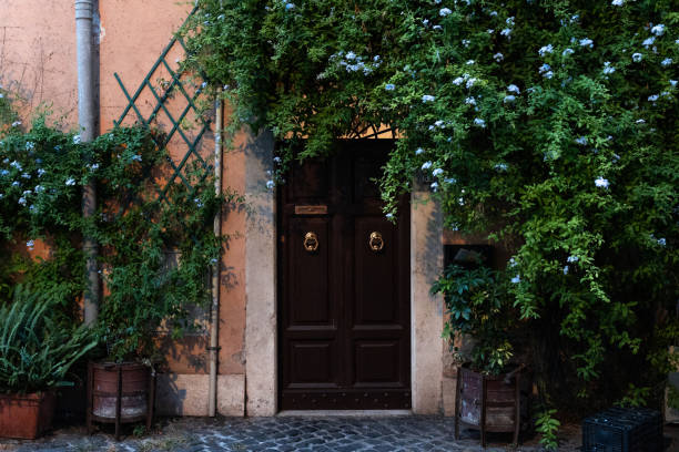 istock wall of a building with potted plants. Charming facade with shutters. Paved sidewalk 1732076035