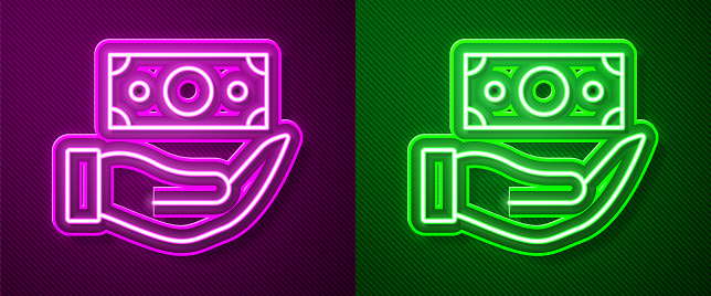 Glowing neon line Money with shield icon isolated on purple and green background. Insurance concept. Security, safety, protection, protect concept. Vector.