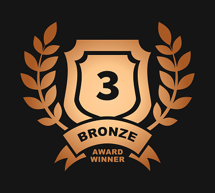 Stylized award winner badge with number 2 on shield, laurel branches and ribbon with BRONZE lettering - cut out vector icon, bronze colored on black background.