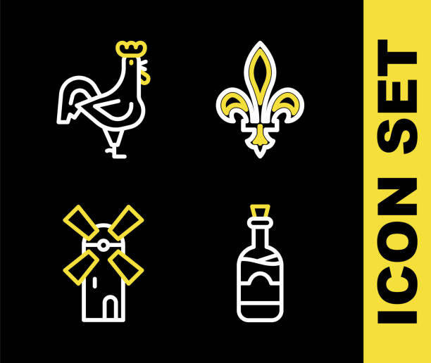 Set line Fleur De Lys, Bottles of wine, Windmill and French rooster icon. Vector Set line Fleur De Lys Bottles of wine Windmill and French rooster icon. Vector. delaware chicken stock illustrations