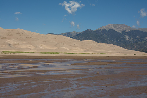 A wide shallow creek running through sand dunes in Colorado. Mountains and forests in the backdrop.