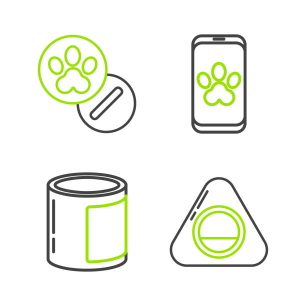 ilustraciones, imágenes clip art, dibujos animados e iconos de stock de establezca la línea cama para mascotas, comida enlatada, símbolo de clínica veterinaria en línea e icono de perro y pastillas. vector - tin can phone