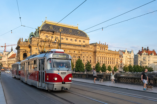 Prague, Czech Republic - 4 September 2022: A red streetcar in the Old Twon of Prague