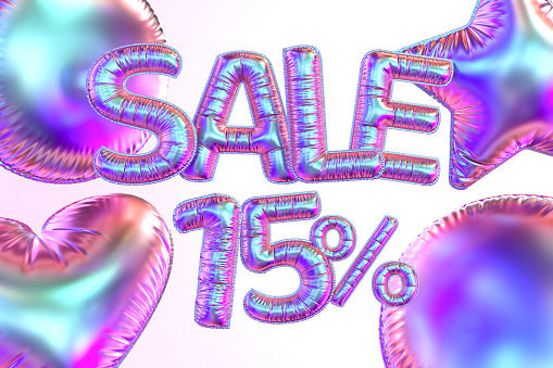 15 percent off sale balloons. Digitally generated image.