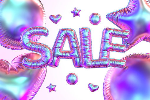 Sale balloons. Metallic neon colors. Digitally generated image.