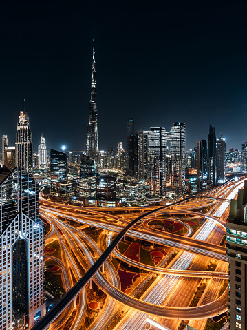 Dubai skyline with Sheikh Zayed Road interchange, United Arab Emirates (UAE).