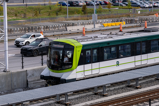 Brossard, CA - 5 October 2023: Reseau express metropolitain (REM) train on Central Station - Brossard Line