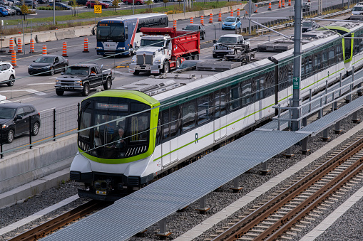 Brossard, CA - 5 October 2023: Reseau express metropolitain (REM) train on Central Station - Brossard Line