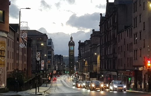 View of Old Tolbooth Steeple and clock from High Street at Glasgow Scotland UK