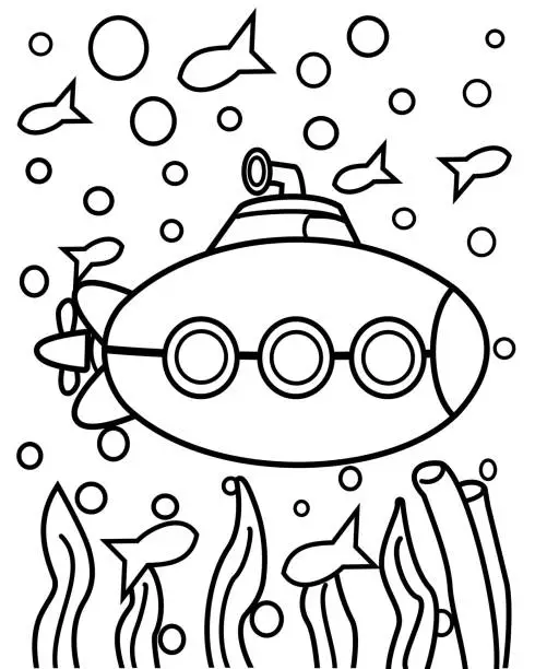 Vector illustration of Submarine coloring page for kids