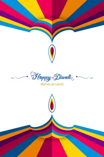 Vector illustration of Happy Diwali Festival of Lights India Celebration colorful template. Graphic banner design of Indian Diya Oil Lamp, paper cut Design in vibrant colors. Vector isolated on white  background
