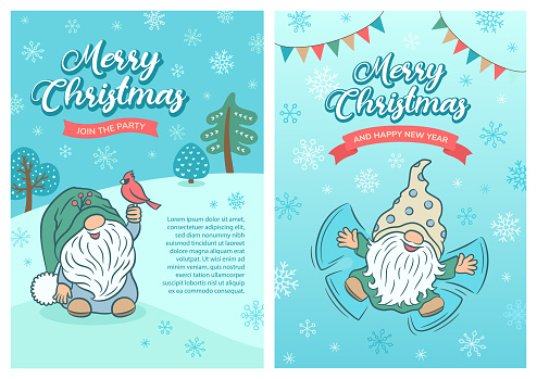Scandinavian gnome doodle. Light christmas flyer or banner design. Bright frosty winter colors.  Kawaii gnome with cardinal bird and making snow angel. Holiday greeting.