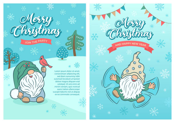 Cute christmas card design with fun gnomes. Scandinavian gnome doodle. Light christmas flyer or banner design. Bright frosty winter colors.  Kawaii gnome with cardinal bird and making snow angel. Holiday greeting. making snow angels stock illustrations